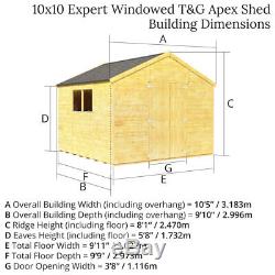 10x10 ft T&G Wooden Garden Shed Double Door Windows Tool Store Apex Workshop