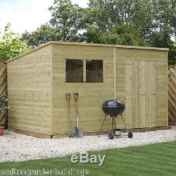 10x8 Pressure Treated Wooden Garden Storage Shed Pent Roof Double Door Waltons