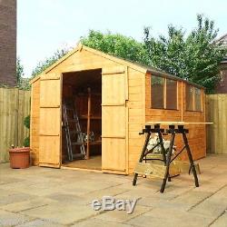 10x8 Shiplap Wooden Garden Shed Double Door, Apex Roof, Felt & Floor, Windows
