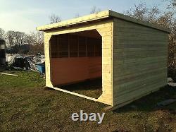 12X12' WOODEN GARDEN SHED ULTIMATE HORSE SHELTER 19MM With 2' OVERHANG ROOF CANOPY