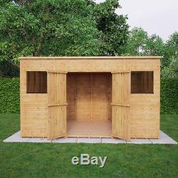 12x8 Pent Wooden Garden Shed Tongue&Groove Shiplap Cladding Central Double Doors