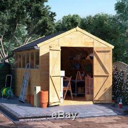 12x8 ft T&G Wooden Shed Double Door Windows Garden Tool Storage Apex Workshop