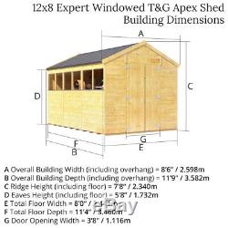 12x8 ft T&G Wooden Shed Double Door Windows Garden Tool Storage Apex Workshop
