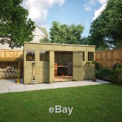 14 x 8 Second Factory Pent Pressure Treated Wooden Garden Shed With Central Door