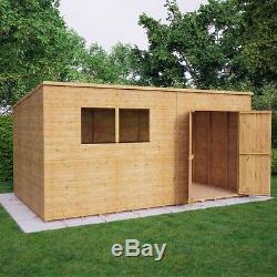 14x8 Pent Wooden Garden Shed Tongue &Groove Shiplap Cladding Offset Double Doors