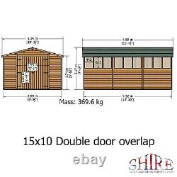 15x10 WOODEN SHED DOUBLE DOOR APEX ROOF WINDOWLESS GARDEN WORKSHOP BUILDING 15ft