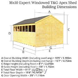 16x10 ft T&G Wooden Garden Shed Double Door Windows Tool Store Apex Workshop