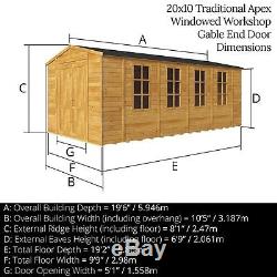 20x10 Garden Shed Premium Heavy Duty T&G Shiplap Workshop Apex Roof Double Doors
