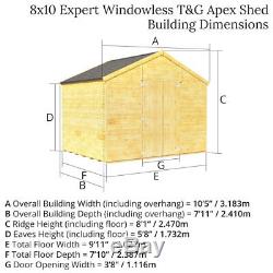 8x10 Wooden Tongue & Groove Garden Storage Shed Windowless Apex Roof Workshop
