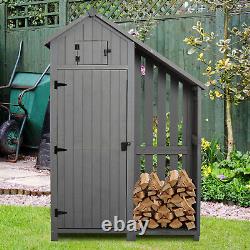 Garden Outdoor Wooden Tool Storage Shed With 3 Shelves, Firewood Rack Grey
