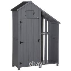 Garden Outdoor Wooden Tool Storage Shed With 3 Shelves, Firewood Rack, Grey