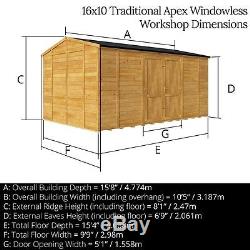 Garden Shed 16x10 Workshop Heavy Duty T&G Shiplap Windowless Apex Storage Sheds