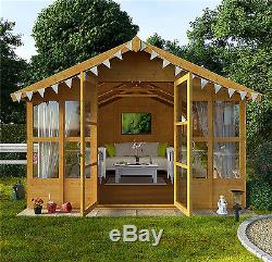 Garden Wooden Summer House LARGE Traditional Overhang Shed Cabin T&G 12x10 Patio