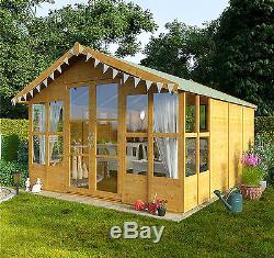 Garden Wooden Summer House LARGE Traditional Overhang Shed Cabin T&G 12x10 Patio