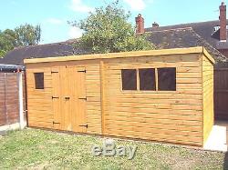 LARGE 16x10FT PENT HEAVY DUTY T&G TIMBER FULLY ASSEMBLED DOUBLE DOOR GARDEN SHED