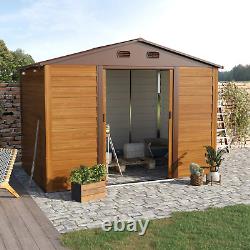 Large Metal Garden Shed 9 x 6ft Wood Effect Tool Storage Sliding Door with Lock