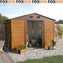 Large Metal Garden Shed 9 x 6ft Wood Effect Tool Storage Sliding Door with Lock