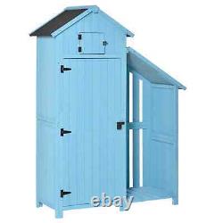 Tall Wooden Garden Shed Cabinet Patio Tool Equipment Storage Shelf Log Rack Blue