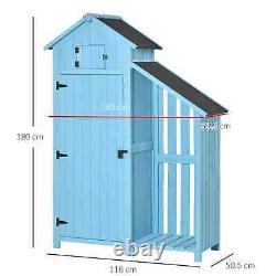 Tall Wooden Garden Shed Cabinet Patio Tool Equipment Storage Shelf Log Rack Blue