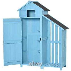 Tall Wooden Garden Shed Cabinet Patio Tool Equipment Storage Shelf Log Rack Blue