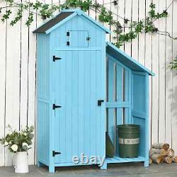 Tall Wooden Garden Shed Cabinet Patio Tool Equipment Storage Shelf Log Rack Blue