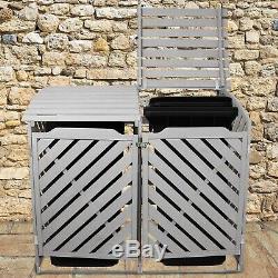 Wheelie Bin Storage Shed Double Wooden Dustbin Store Garden Outdoor Grey Wash 