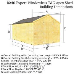 Wooden Garden Shed 16x10 Storage Workshop Building Windowless Apex 16ft x 10ft