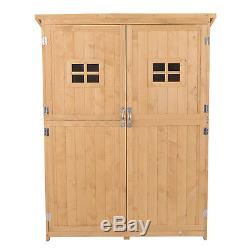 Wooden Garden Shed Tool Storage Cabinet Organizer Double Door Shelf Natural Wood